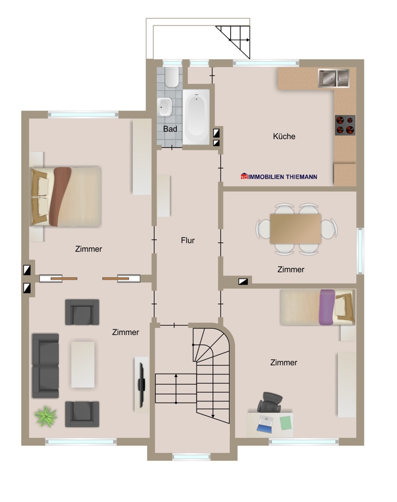 Der Wohnungsgrundriss im Erdgeschoss Mehrfamilienhaus Bottrop / Stadtmitte