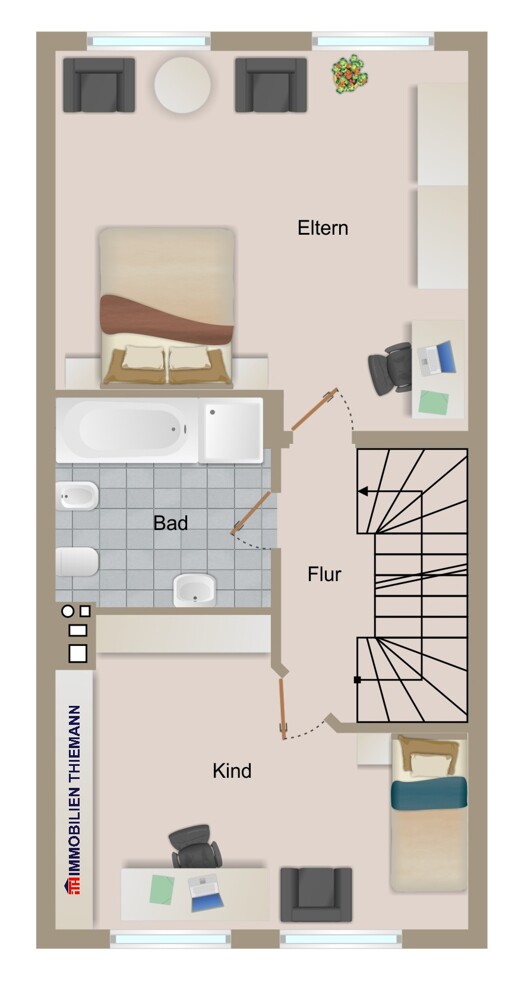 (37) Der Hausgrundriss im Obergeschoss Reihenmittelhaus Oberhausen / Tackenberg