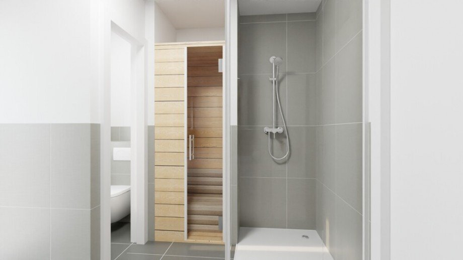 (9) Hier eine weitere Visualisierung des Hauptbadezimmers mit separiertem WC Penthousewohnung Bottrop / Fuhlenbrock