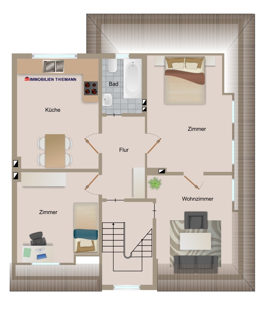 Der Wohnungsgrundriss im Dachgeschoss Mehrfamilienhaus Bottrop / Stadtmitte